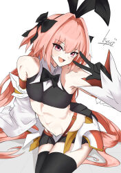 1boy animal_ears astolfo_(fate) astolfo_(saber)_(fate) astolfo_(saber)_(first_ascension)_(fate) bare_shoulders black_bow black_gloves black_ribbon black_thighhighs blush bow bowtie commentary_request crop_top detached_sleeves fake_animal_ears fate/grand_order fate_(series) gloves hair_bow hair_intakes hair_ribbon highres kamimiya_ramada long_hair male_focus ribbon solo thighhighs