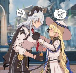 2girls absurdres black_collar black_gloves black_horns black_jacket black_pants black_tail blonde_hair blue_sash breasts can chest_harness closed_mouth collar collared_shirt commentary curled_horns demon_tail drink_can english_commentary english_text from_side gloves grey_hair hair_ornament harness hat highres holding holding_can horns jacket jacket_on_shoulders large_breasts long_hair long_sleeves looking_at_another multiple_girls necktie pants phoebe_(wuthering_waves) profile red_eyes red_necktie sash shirt skirt sleepy_kaslana tail twitter_username white_hat white_shirt white_skirt wuthering_waves x_hair_ornament zani_(wuthering_waves)