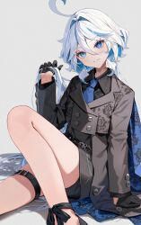 Rule 34 | 1girl, alternate costume, belt, black gloves, black shirt, blue eyes, blue necktie, collared shirt, drop-shaped pupils, furina (genshin impact), genshin impact, gloves, grey background, hair between eyes, half gloves, hand up, heterochromia, highres, long hair, long sleeves, looking at viewer, mismatched pupils, motto (night wear), necktie, shirt, signature, simple background, smile, symbol-shaped pupils, thigh belt, thigh strap