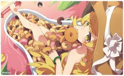 1boy 1girl araragi_koyomi arm_rest artist_name bare_shoulders barefoot bath bathing bathtub black_hair blonde_hair blurry blush blush_stickers bow bracelet choco_fashion chocolate_donut closed_mouth completely_nude donut eating feet food food_in_mouth french_cruller from_above from_behind from_side hat hat_bow hat_ribbon in_food jewelry leg_up long_hair looking_at_viewer monogatari_(series) mouth_hold nude ogipote old-fashioned_donut oshino_shinobu outstretched_leg palm_leaf partially_submerged pink_donut pointy_ears reclining ribbon ringed_eyes rubber_duck second-party_source single_blush_sticker slit_pupils solo solo_focus straw_hat toes very_long_hair water white_ribbon yellow_eyes