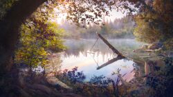 autumn_leaves commentary day english_commentary fir_tree forest grey_sky highres landscape leaf log nature no_humans original outdoors pond reflection reflective_water scenery sky tree water zaq_(pgvc4472)