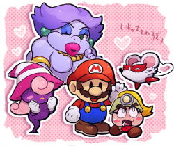Rule 34 | 1boy, 4girls, :d, ascot, black eyes, blonde hair, blue eyeshadow, blue overalls, blue pants, blush, blush stickers, border, bracelet, brown hair, brown shoes, chiimako, clenched hands, closed mouth, commentary request, domino mask, earrings, eyelashes, eyeshadow, facial hair, fang, flurrie, frown, gloves, gold bracelet, gold necklace, goombella, green eyes, green helmet, hand up, hands up, hat, headlamp, heart, helmet, high ponytail, jewelry, long hair, long sleeves, looking at another, looking at viewer, looking up, makeup, mario, mario (series), mask, ms. mowz, multiple girls, mustache, necklace, nintendo, one eye closed, open mouth, outline, overalls, pants, paper mario, paper mario: the thousand-year door, paper mario (character), parted lips, pink background, pink hair, pink hat, pink lips, polka dot, polka dot background, ponytail, purple hair, red ascot, red hat, red mask, red shirt, red shoes, shirt, shoes, short hair, simple background, smile, solid oval eyes, sphere earrings, striped hat, sweatdrop, thick lips, translation request, vivian (paper mario), waving, white border, white gloves, white hat, white outline, wide-eyed, witch hat