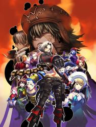 .hack// .hack//g.u. atoli azure_kite bandai_namco cover cyber_connect_2 dual_wielding endrance video_game_cover gaspard haseo hat highres holding kuhn multiple_boys multiple_girls official_art ovan pi_(.hack//) ratto_(mobilis_1870) sharp_teeth silabus smile standing teeth weapon yowkow