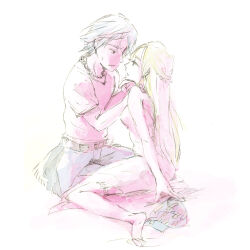 1boy 1girl belt blonde_hair celes_chere couple detached_sleeves final_fantasy final_fantasy_vi highres jacket locke_cole long_hair pants shirt white_shirt