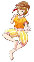 1girl alphes_(style) animal_ears barefoot blonde_hair breasts commentary_request dairi dango flat_cap floppy_ears food full_body hat holding large_variant_set medium_breasts midriff navel orange_shirt pants parody rabbit_ears ringo_(touhou) shirt skewer soles solo style_parody tachi-e toes touhou transparent_background variant_set wagashi