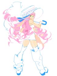 1girl blunt_bangs boots dress drill_hair flower_hat full_body hat highres holding holding_umbrella kithwith_(kith_0121) long_hair looking_back one_piece perona pink_hair shoes simple_background smile solo umbrella white_background white_dress white_shoes
