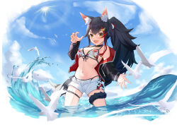 :3 :d absurdres animal_ears bikini bird black_choker black_hair black_jacket blue_sky choker claw_pose dove fox_ears fox_tail front-tie_bikini_top front-tie_top green_eyes highres hololive jacket mizuren multicolored_hair navel ookami_mio open_clothes open_jacket open_mouth ponytail print_bikini short_shorts shorts side-tie_bikini_bottom skindentation sky smile streaked_hair sun sunburst swimsuit tail tail_around_own_leg thigh_strap virtual_youtuber wading waves white_shorts
