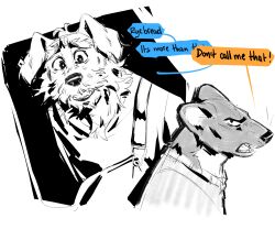 2boys animal_ears commentary dawntide dog_boy dog_ears eenocs english_commentary fangs furry furry_male greyscale highres male_focus monochrome multiple_boys open_mouth partially_colored ranzo_(dawntide) riley_(dawntide) speech_bubble upper_body weasel_boy weasel_ears whiskers