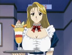 00s 1girl animated animated_gif anime_screenshot apron blonde_hair bouncing_breasts bow bowtie breasts choker cleavage covered_erect_nipples dessert female_focus food frills holding huge_breasts ice_cream indoors koishikawa_nami long_hair lowres nami_koishikawa nami_sos! pillarboxed plate shirt smile solo sundae tagme taut_clothes taut_shirt tray upper_body waitress walking