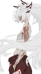 1girl absurdres argon_(caocaocaocaocao) brown_pants burn_scar chinese_commentary closed_mouth colored_eyelashes commentary_request cowboy_shot from_side fujiwara_no_mokou hand_in_pocket highres long_hair pants ponytail red_eyes scar scar_on_arm scar_on_face scar_on_neck simple_background sketch solo touhou very_long_hair white_background white_hair