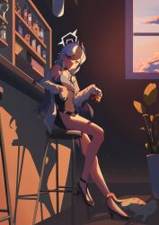 1girl absurdres black_hair black_shoes blue_archive bottle brown_jacket cat closed_mouth commentary_request cup demon_horns drinking_glass ear_piercing evening full_body grey_hair hair_between_eyes halo high_heels highres holding holding_cup horns indoors jacket jiujiusan kayoko_(blue_archive) kayoko_(dress)_(blue_archive) long_hair long_sleeves looking_at_viewer off_shoulder official_alternate_costume official_alternate_hairstyle piercing plant red_eyes rocks_glass shade shadow shelf shoes sitting solo stool sunlight window wine_bottle wine_glass