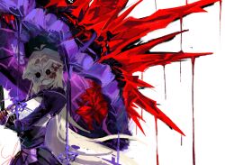 1girl blood blood_drip blood_on_clothes blood_on_face blood_on_hands butterfly_mask corset crystal dress dulcinea_(project_moon) faceless hair_flowing_over highres holding holding_umbrella limbus_company long_hair looking_at_viewer mask parasol project_moon purple_dress purple_umbrella shaded_face slw1857 solo umbrella white_background white_hair