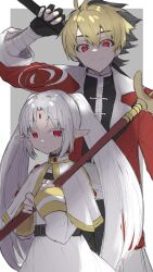 1boy 1girl ahoge axe battle_axe black_hair blonde_hair capelet cosplay dress forehead_jewel frieren frieren_(cosplay) hayase highres holding holding_staff forehead_jewel jewelry kido_hyde long_hair long_sleeves looking_at_viewer looking_down mage_staff multicolored_hair pointy_ears red_eyes short_hair smile sousou_no_frieren staff stark_(sousou_no_frieren) stark_(sousou_no_frieren)_(cosplay) swirly_hair twintails two-tone_hair under_night_in-birth vatista_(under_night_in-birth) very_long_hair weapon white_capelet white_dress white_hair