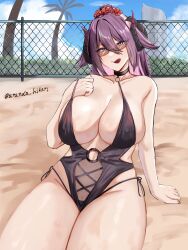 1girl :q absurdres ananda_hikari artist_name azur_lane bare_shoulders beach black_choker black_horns black_one-piece_swimsuit breasts choker cleavage collarbone commentary curled_horns day english_commentary friedrich_carl_(azur_lane) friedrich_carl_(tender_summer_care)_(azur_lane) glasses hair_between_eyes hair_on_horn highres horns huge_breasts long_hair looking_at_viewer mole mole_under_mouth o-ring o-ring_swimsuit official_alternate_costume one-piece_swimsuit outdoors purple_eyes rectangular_eyewear sitting solo strap_pull swimsuit tongue tongue_out very_long_hair