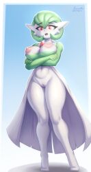 Rule 34 | 1girl, artist name, azuretto, barefoot, blue background, bob cut, border, breasts, breasts out, cleft of venus, clitoris, colored skin, creatures (company), crossed arms, female focus, full body, game freak, gardevoir, gen 3 pokemon, gradient background, green hair, green shirt, hair between eyes, high-waist skirt, large breasts, legs, long sleeves, looking down, navel, nintendo, nipples, open mouth, outline, outside border, pokemon, pokemon (creature), pussy, raised eyebrows, red eyes, shirt, short hair, signature, simple background, skirt, solo, standing, stomach, teeth, thick thighs, thighs, twitter username, twitter x logo, uncensored, white border, white outline, white skin, white skirt
