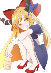 1girl alternate_costume blonde_hair blue_bow blue_dress bow brown_horns commentary_request dress enmaided full_body grin hair_bow hair_intakes head_tilt high_heels highres horn_bow horn_ornament horns ibuki_suika kurohiba long_hair looking_at_viewer maid red_bow red_shoes shoes simple_background smile solo squatting tokkuri touhou very_long_hair white_background wrist_cuffs yellow_eyes
