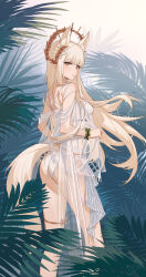 1girl absurdres animal_ears arknights ass back bare_shoulders bikini blunt_bangs blush braid breasts floating_hair highres horse_ears horse_girl horse_tail laurel_crown long_hair looking_at_viewer looking_back medium_breasts official_alternate_costume ping_zhong_yu plant platinum_(arknights) platinum_(shimmering_dew)_(arknights) side_braid smile solo standing swimsuit swimsuit_cover-up tail thigh_strap turning_head very_long_hair white_bikini white_hair yellow_eyes