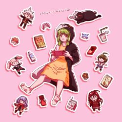 ahoge alternate_costume animal_hood artist_name barefoot bear_hair_ornament bear_hood black_hoodie black_jacket blonde_hair blue_hair blue_skirt bottle bottled_water brown_coat brown_hair brown_jacket chibi child chips_(food) chocolate closed_eyes closed_mouth coat collarbone danganronpa:_trigger_happy_havoc danganronpa_(series) danganronpa_2:_goodbye_despair danganronpa_3_(anime) danganronpa_another_episode:_ultra_despair_girls dress drinking_straw english_text enoshima_junko eyebrows feet food frown fukawa_toko gaming gekkogahara_miaya green_hair hair_ornament handheld_game_console hood hoodie jacket japanese_text kemuri_jataro komaeda_nagito lagocanicervine long_hair looking_at_viewer medium_hair monokuma naegi_komaru necktie official_alternate_costume open_clothes open_mouth pink_hair pleated_dress pleated_skirt pocky red_scarf red_skirt scarf servant_(danganronpa) shirt signature skirt soles strawberry_milk striped_clothes striped_shirt toes towa_monaca twintails utsugi_kotoko video_game water water_bottle white_footwear white_hair white_hoodie yellow_dress
