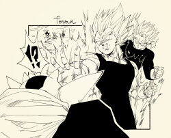 !? 5boys artist_name aura bodysuit clenched_hand clenched_teeth cowboy_shot dabura demon_boy demon_horns dragon_ball dragonball_z fenyon gloves highres horns monochrome motion_lines multiple_boys muscular muscular_male outside_border pointy_ears shin_(dragon_ball) son_gohan son_goku spiked_hair super_saiyan surprised teeth vegeta