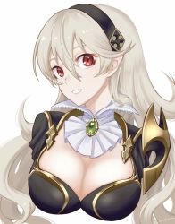 1girl armor bag black_armor black_hairband breasts cleavage corrin_(female)_(fire_emblem) corrin_(female)_(nohr_noble)_(fire_emblem) corrin_(fire_emblem) cropped_torso detached_collar fire_emblem fire_emblem_fates fire_emblem_heroes floating_hair grin hair_between_eyes hairband highres karashino long_hair looking_at_viewer medium_breasts nintendo official_alternate_costume red_eyes silver_hair simple_background smile solo upper_body very_long_hair white_background