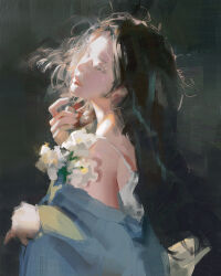 1girl bare_shoulders black_background black_hair flower highres long_hair original pluvium_grandis solo