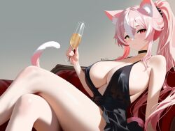 1girl :3 alcohol alternate_costume animal_ears arm_support artist_name bare_legs bare_shoulders black_dress breasts cat_ears cat_girl cat_tail center_opening closed_mouth covered_erect_nipples crossed_legs cup dress enya_yoruneko eyebrows eyelashes feet_out_of_frame female_focus from_side hand_up heterochromia holding holding_cup indie_virtual_youtuber large_breasts light_blush long_hair looking_at_viewer looking_to_the_side multicolored_hair pink_hair ponytail red_eyes sitting sleeveless sleeveless_dress solo streaked_hair tail two-tone_hair virtual_youtuber white_hair yellow_eyes zetyi