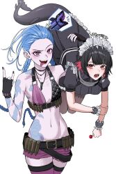Rule 34 | 2girls, \n/, arm tattoo, belt, black belt, black dress, black gloves, black hair, black nails, black tail, blue hair, braid, breasts, candy, carrying, carrying person, crossover, dress, ellen joe, fins, fish tail, fishbones (jinx), flat chest, food, gloves, highres, holding, holding candy, holding food, holding lollipop, hyuiil365, jinx (league of legends), league of legends, lollipop, long hair, looking at viewer, maid headdress, medium breasts, multicolored hair, multiple girls, name connection, navel, object namesake, open mouth, pantyhose, purple eyes, purple shorts, purple thighhighs, red eyes, shark girl, shark tail, sharp teeth, shell casing, short shorts, shorts, shoulder tattoo, simple background, stomach, stomach tattoo, tail, tattoo, teeth, thighhighs, tongue, tongue out, twin braids, two-tone hair, very long hair, white background, zenless zone zero