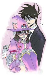 1boy 1girl akutabe animal_ears antenna_hair blood boots brown_hair carrying cat_ears contract cosplay couple formal_clothes gem glasses hat looking_at_viewer magical_girl nchbt no_eyebrows pink_boots pink_hat princess_carry red_eyes sakuma_rinko skirt suit sweat tail witch_hat yondemasu_yo_azazel-san.