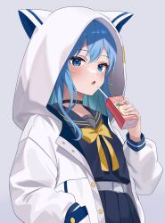 1girl animal_ear_hood apple_juice black_choker black_serafuku blue_eyes blue_hair choker drinking_straw facing_viewer fake_animal_ears fawny grey_background hands_in_pockets highres holding_juice_box hololive hood hoshimachi_suisei hoshimachi_suisei_(school_uniform) jacket juice juice_box looking_at_viewer open_clothes open_jacket open_mouth original ribbon sash school_uniform serafuku simple_background solo star_(symbol) star_in_eye symbol_in_eye white_jacket white_sash yellow_ribbon