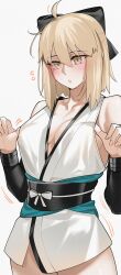 1girl absurdres adjusting_clothes ahoge aqua_sash arm_guards bare_shoulders black_arm_warmers black_ribbon black_sash blonde_hair blush bottomless breasts cleavage cowboy_shot fate/grand_order fate_(series) flying_sweatdrops grey_eyes hair_ribbon highres japanese_clothes kamisato_sora kimono koha-ace looking_down medium_breasts medium_hair motion_lines obi okita_souji_(fate) okita_souji_(koha-ace) open_mouth ribbon sash short_kimono simple_background sleeveless sleeveless_kimono solo standing sweat white_background white_kimono white_mouth