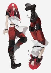 2girls belt blunt_bangs boots breasts closed_mouth devola flower green_eyes hair_between_eyes hair_flower hair_ornament highres knee_pads long_hair medium_breasts multiple_girls nier:automata nier_(series) pants popola red_hair scrunchie short_sleeves siblings sisters twins wrist_scrunchie xiao_dao_(kojimarie)