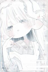 1girl animal artist_name blush eyelashes happy_new_year highres long_hair long_sleeves looking_at_viewer monochrome new_year original short_eyebrows snake solo thk_41 tongue tongue_out upper_body white_theme wide_sleeves wispy_bangs