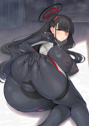 Rule 34 | 1girl, ass, black bodysuit, black hair, black halo, blue archive, blunt bangs, bodysuit, breasts, bright pupils, cameltoe, covered erect nipples, grabbing own ass, halo, highres, huge breasts, impossible bodysuit, impossible clothes, katsura harufumi, long hair, looking at viewer, lying, official alternate costume, on side, ponytail, red eyes, ringed eyes, rio (blue archive), rio (bodysuit) (blue archive), skin tight, solo, very long hair, white pupils