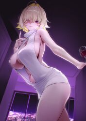 Rule 34 | 1girl, :3, absurdres, ahoge, bare arms, bare shoulders, blonde hair, breasts, center opening, chano39, cleavage, closed mouth, colored inner hair, cowboy shot, dress, elegg (nikke), eyes visible through hair, goddess of victory: nikke, hair intakes, hand up, highres, indoors, large breasts, looking at viewer, multicolored hair, navel, no bra, purple eyes, revealing clothes, short dress, short hair, sleeveless, sleeveless dress, smile, solo, stomach, thighs, white dress