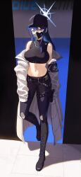 Rule 34 | 1girl, absurdres, against wall, armband, baseball cap, belt, black boots, black hat, blue archive, blue eyes, blue hair, blue halo, boots, breasts, chest harness, coat, crop top, foot against wall, full body, gun, halo, handgun, harness, hat, highres, holstered, knee boots, lace-up boots, large breasts, m1911, mask, mouth mask, navel, off shoulder, saori (blue archive), sheath, sheathed, shirt, sleeves past fingers, sleeves past wrists, solo, standing, stomach, subu art, turtleneck, turtleneck shirt, weapon, white coat