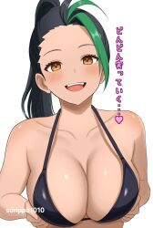 1girl :d bikini black_bikini black_hair breasts commission high_ponytail highres multicolored_hair nemona_(pokemon) nintendo open_mouth orange_eyes pokemon pokemon_sv ponytail simple_background skeb_commission smile solo streaked_hair surippa1010 swimsuit upper_body white_background