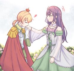 2girls ^^^ arched_crown bare_shoulders blush cape cerise_bouquet closed_eyes commentary_request crown dress flower gloves green_dress green_eyes green_shorts heart highres hikari863126 hinoshita_kaho hinoshita_kaho_(kiseki_no_butoukai_(102nd)) kiss kissing_hand link!_like!_love_live! lone_nape_hair long_hair long_sleeves love_live! medium_hair mini_crown multiple_girls off-shoulder_dress off_shoulder orange_hair otomune_kozue otomune_kozue_(kiseki_no_butoukai_(102nd)) pink_flower prince princess profile red_cape see-through_clothes see-through_sleeves short_hair shorts u_u virtual_youtuber white_gloves yuri