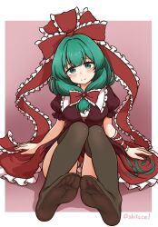 1girl black_thighhighs bow dress feet foot_focus foreshortening frilled_dress frills green_eyes green_hair hair_ribbon highres kagiyama_hina looking_at_viewer red_bow red_dress ribbon shitacemayo sitting smile soles solo thighhighs thighs toes touhou twitter_username