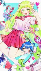 1girl absurdres ayakuro_bun babyls_school_uniform bow candy candy_cane character_doll cupcake curled_horns demon_girl doll food gift glint green_eyes green_hair hand_up heart highres horns lollipop long_hair looking_at_viewer mairimashita!_iruma-kun open_mouth pink_socks pointy_ears red_skirt school_uniform sharp_teeth shirt skirt slippers smile socks soda soda_bottle spilling suzuki_iruma tail teeth valac_clara white_shirt wrapped_candy