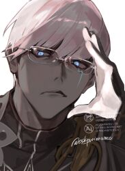 Rule 34 | 1boy, adjusting eyewear, black gloves, black shirt, blue eyes, colored sclera, colored skin, fate/grand order, fate (series), glasses, gloves, grey sclera, grey skin, highres, indra (fate), lightning bolt facial mark, looking at viewer, male focus, osaki iyo, shirt, short hair, simple background, solo, upper body, white background, white hair