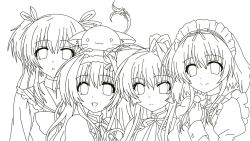 Rule 34 | 050411285aura, 4girls, :d, animal, bad id, bad pixiv id, cat, juliet sleeves, lineart, long hair, long sleeves, maid, maid headdress, mashiroiro symphony, monochrome, multiple girls, open mouth, puffy long sleeves, puffy sleeves, simple background, smile, upper body, white background