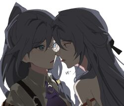 Rule 34 | 2girls, ascot, blue eyes, collared shirt, commentary, face-to-face, fu hua, fu hua (hawk of the fog), herrscher of sentience, fu hua (valkyrie accipiter), grey hair, hashtag-only commentary, high ponytail, highres, honkai (series), honkai impact 3rd, long hair, monocle, multiple girls, oldsprout1108, open mouth, ponytail, purple ascot, red eyes, shirt, simple background, tongue, tongue out, white background, yuri
