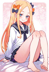 1girl abigail_williams_(fate) arm_support barefoot blonde_hair blue_eyes blush_stickers fate/grand_order fate_(series) hanagata_kai knees_together_feet_apart long_hair looking_at_viewer miniskirt panties pantyshot pleated_skirt school_uniform serafuku shiny_skin sitting skirt smile solo underwear white_panties