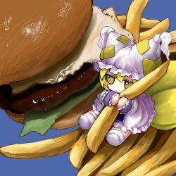 1girl absurdres blonde_hair blue_background blush_stickers burger commentary dress food fox_tail french_fries fried_egg fumo_(doll) highres holding holding_food meat multiple_tails rusuban_(yakumora_n) solo symbol-only_commentary tail touhou white_dress yakumo_ran yellow_eyes