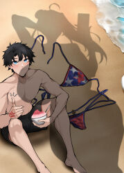 Rule 34 | 1boy, 1girl, absurdres, american flag, american flag print, bikini, black hair, black swim trunks, blue eyes, cellphone, command spell, commentary, dressed shadow (meme), english commentary, fate/grand order, fate (series), flag print, food, fujimaru ritsuka (male), highres, holding, holding phone, implied nudity, long hair, looking at another, male swimwear, meme, miyamoto musashi (fate), miyamoto musashi (fate/grand order), miyamoto musashi (swimsuit berserker) (fate), miyamoto musashi (swimsuit berserker) (first ascension) (fate), muscular, muscular male, ocean, owner1657, paid reward available, phone, sand, shaved ice, short hair, sitting, smartphone, standing, swim trunks, swimsuit, thumbs up, topless male, unworn bikini bottom, unworn bikini top