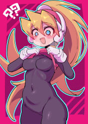 1girl ? ?? absurdres black_bodysuit blonde_hair blue_eyes blush bodysuit breasts breath buzzlyears ciel_(mega_man) clothes_lift covered_erect_nipples covered_navel cowboy_shot helmet high_ponytail highres long_hair medium_breasts mega_man_(series) mega_man_zero_(series) open_mouth pink_background pink_helmet pink_shirt ponytail shirt shirt_lift simple_background solo