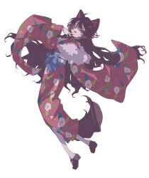 1girl 2015ma14 animal_ears blue_sash brown_hair brown_shoes capelet dog_ears dog_girl dog_tail floral_print floral_print_kimono from_side full_body fur_capelet furisode hair_ribbon hand_to_own_mouth hand_up heterochromia highres inui_toko inui_toko_(4th_costume) japanese_clothes kimono long_hair looking_at_viewer mary_janes nijisanji obi obiage official_alternate_costume official_alternate_hairstyle ojou-sama_pose open_mouth print_kimono red_eyes red_kimono ribbon sash shoes simple_background smile solo tail very_long_hair virtual_youtuber white_background yellow_eyes