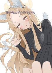 1girl absurdres adversarial_noise alternate_costume animal animal_ear_fluff animal_ears animal_on_shoulder bird bird_on_shoulder black_sweater blonde_hair blue_archive blush bow breasts casual claw_pose commentary cross_halo curled_fingers dutch_angle ear_wreath fingernails flower forehead foreshortening fox_ears fox_tail gradient_eyes hair_behind_ear hair_flower hair_ornament halo hand_up highres long-tailed_tit long_hair long_sleeves looking_at_viewer multicolored_eyes open_mouth outstretched_arm parted_bangs pink_eyes ribbed_sweater seia_(blue_archive) simple_background sleeves_past_wrists small_breasts smile solo sweater tail tail_bow tail_ornament tit_(bird) turtleneck turtleneck_sweater twitter_username upper_body white_background white_bird white_bow white_flower yamano_rokamizu yellow_eyes yellow_halo yellow_tail