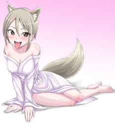 10s 1girl animal_ears bare_shoulders barefoot blush breasts brown_eyes cleavage collarbone dan_(orange_train) earrings female_focus idolmaster idolmaster_cinderella_girls jewelry long_legs long_sleeves off_shoulder open_mouth shiomi_syuko short_hair silver silver_hair solo tail tongue wide_sleeves wolf_ears wolf_tail