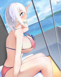 Rule 34 | american flag, american flag bikini, american flag print, bare arms, bare legs, beyblade, bikini, blue eyes, blush, braid, breasts, commentary request, day, dermar, flag print, flag print bikini, grey hair, grin, highres, indoors, large breasts, ocean, print bikini, sainen yuko, sidelocks, signature, sitting, sky, smile, striped bikini, striped clothes, swimsuit, teeth, vertical-striped bikini, vertical-striped clothes, window